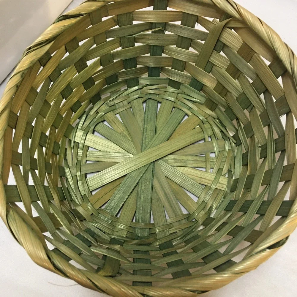 Woven Basket Small Green Natural Bamboo Straw Round Storage Decor Cottagecore